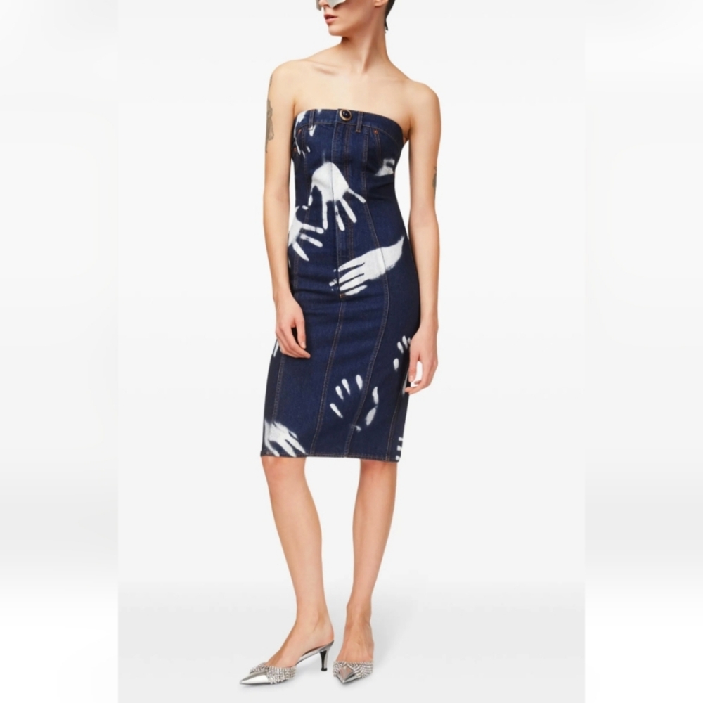 AREA Strapless Denim Dress -Hand Print Indigo Blue - Picture 4 of 10